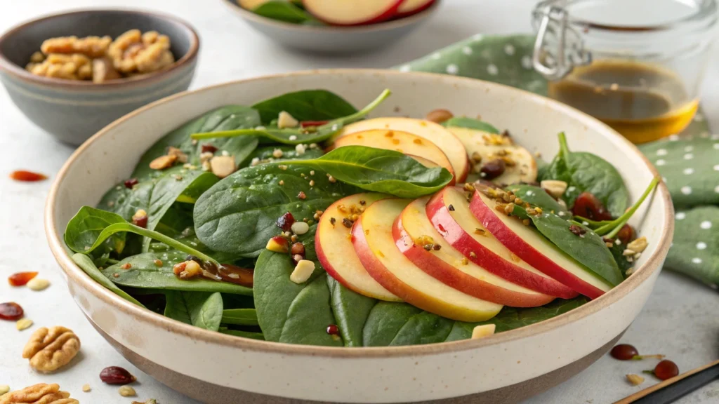 Fresh spinach leaves, crisp green apple, and bright ginger root on a wooden cutting board, ready for an immune-boosting smoothie.