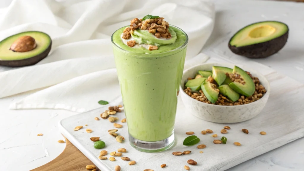 Avocado Dream Smoothie in glass with straw, garnished with mint, on a wooden table.