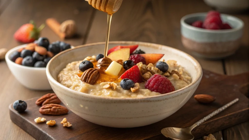 Healthy oatmeal bowl topped with fresh fruit and nuts