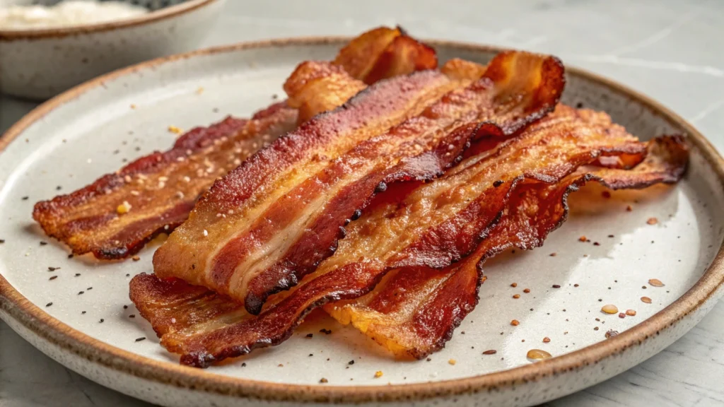 Crispy bacon strips cooking on a cast iron skillet