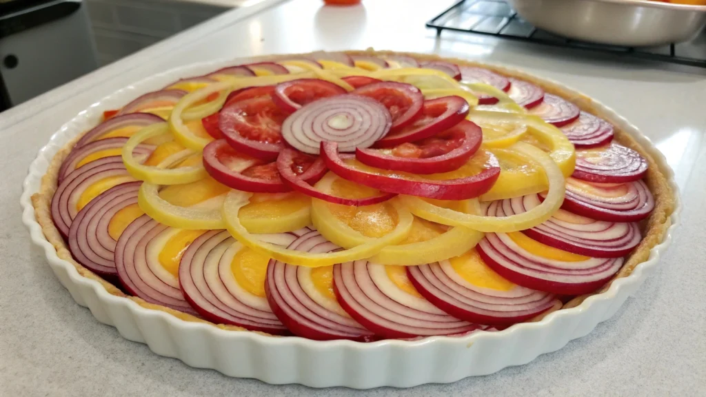 Assorted onions including red, yellow, white, and shallots on a rustic table