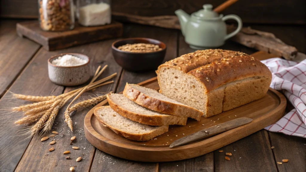 Freshly baked golden brown whole wheat bread loaf